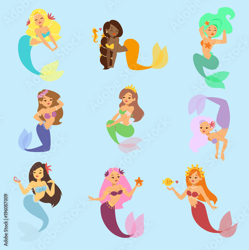 Mermaid vector girl character design coral set aquatic life concept illustration. Human mythical fish woman undersea drawing mermaid nixie character. Cartoon nymph girl sea mermaid nixie character