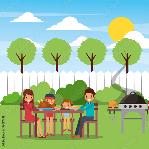 family making barbecue in the backyard with tree fence vector illustration