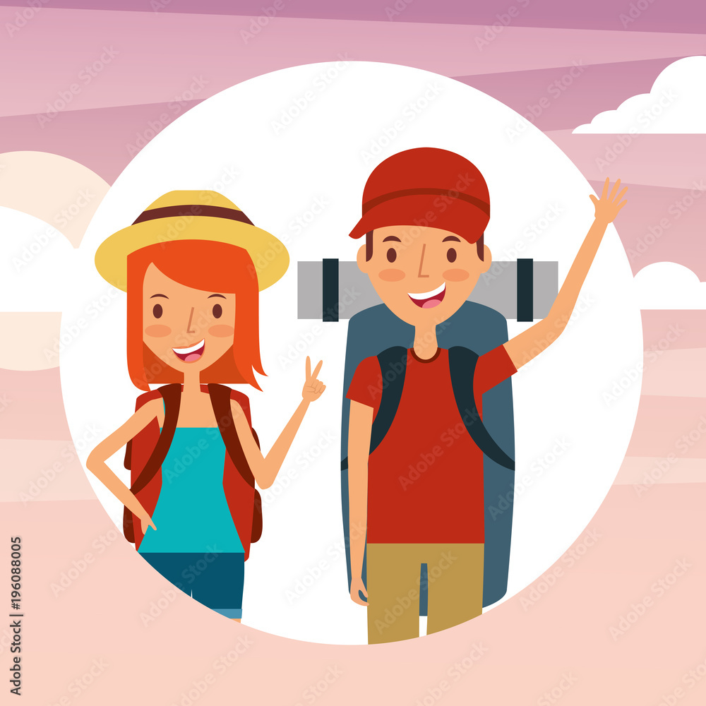 people travelers vacations with backpacks vector illustration