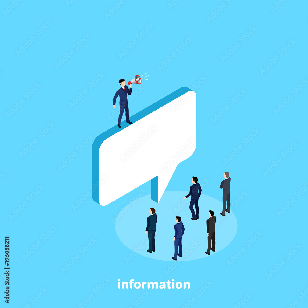 a man in a business suit with a loudspeaker stands on a big message icon and speaks to people, an isometric image a man in a business suit with a loudspeaker stands on a big message icon and speaks to people, an isometric image