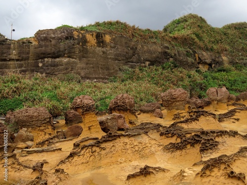 Mushroom shaped rock formations with cliffs