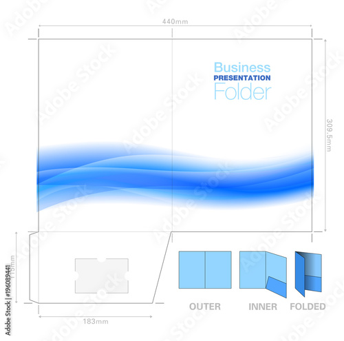 Presentation Folder A4, Template with Flow Background Graphic, Cutter Guide, with standard business card slot, prints from a SRA2 sheet