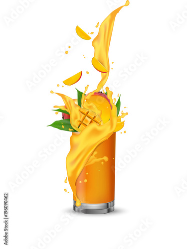 Orange mango multi yellow fruit cocktail. Splash swirl in the realistic glass.  Vector.