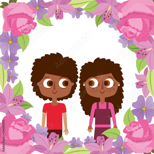 cute brother and sister with frame flowers vector illustration