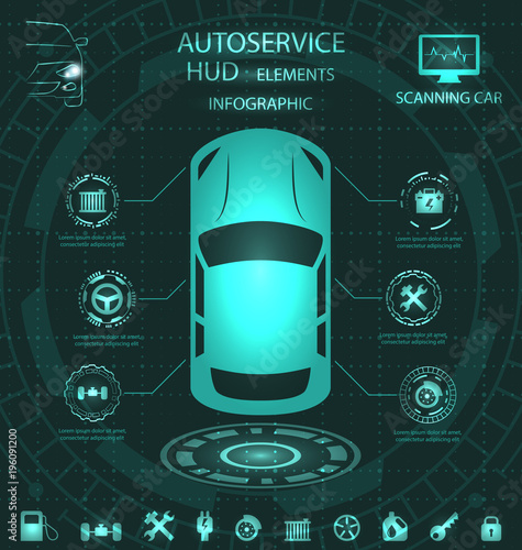 Scanning Car, Analysis and Diagnostics Vehicle, HUD Elements, Service Infographics with Icons