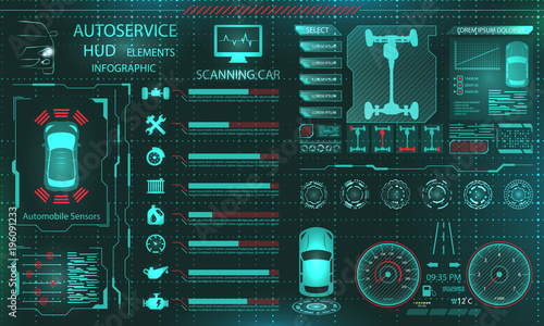 Scanning Car, Analysis and Diagnostics Vehicle, HUD UI Elements, Selection of Car Parts
