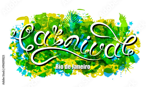 Carnival Lettering for Rio de Janeiro, Background Colors of the Brazilian Flag. Calligraphy Text for Party