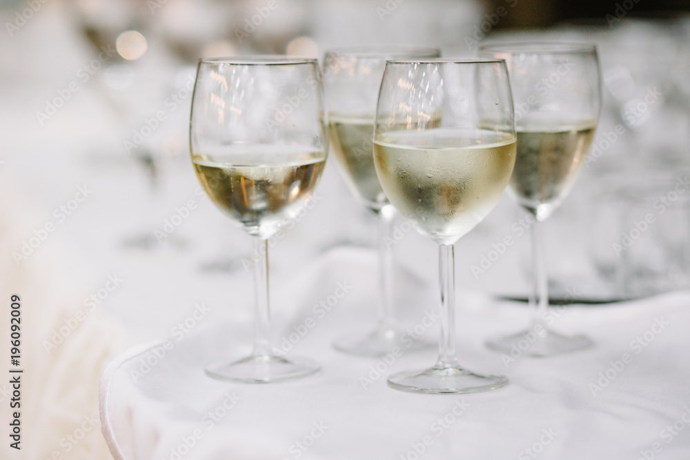 Empty glasses wine in restaurant. Glass water, campaign glass Empty glasses wine in restaurant. Glass water, campaign glass