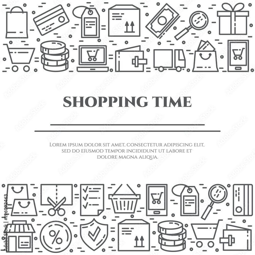 Shopping banner with two horizontal rectangles of line icons with editable stroke.