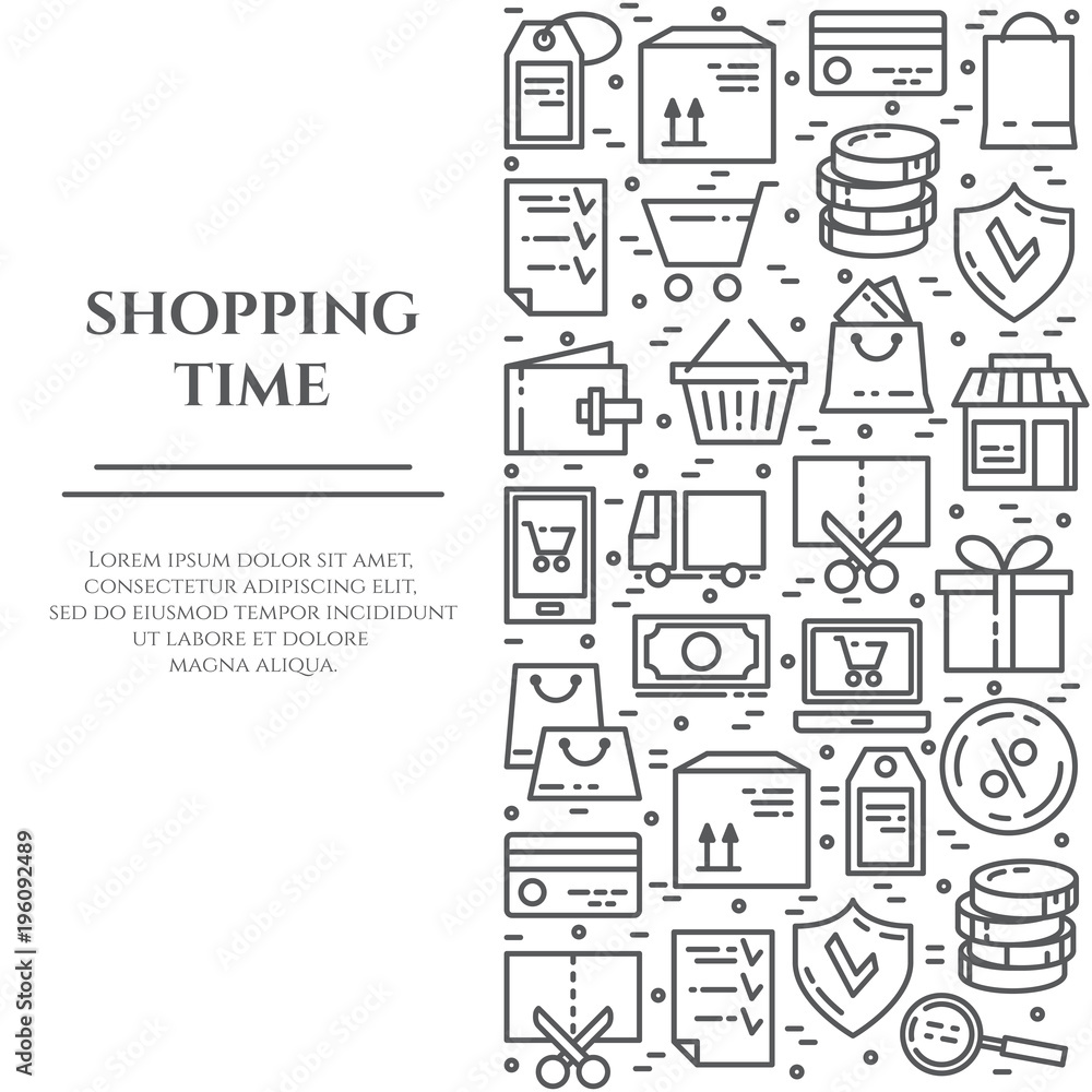 Shopping banner with one vertical rectangle of line icons with editable stroke.