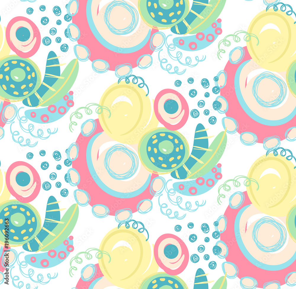 Fototapeta premium Vector seamless pattern with hand drawn abstract shapes, scribbles, spirales. Stains and spots of paint. Creative background. Freehand style. Design with doodle. Wallpaper, textile, wrapping, cover