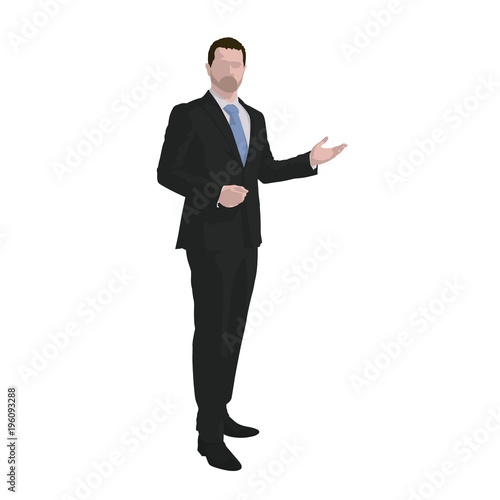 Business man in suit explaining his ideas, isolated vector illustration. Man in suit standing and speaking