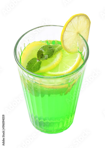 Glass of tasty lemonade on white background