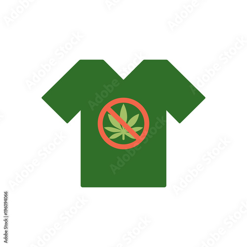 T-shirt with Cannabis leaf icon in prohibition red circle. No Marijuana, no drugs.Tee shirt template. Forbidden sign isolated on white background. Vector.
