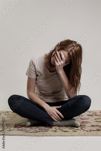 Portrait of lonley depressed woman, quiet anxiety concept