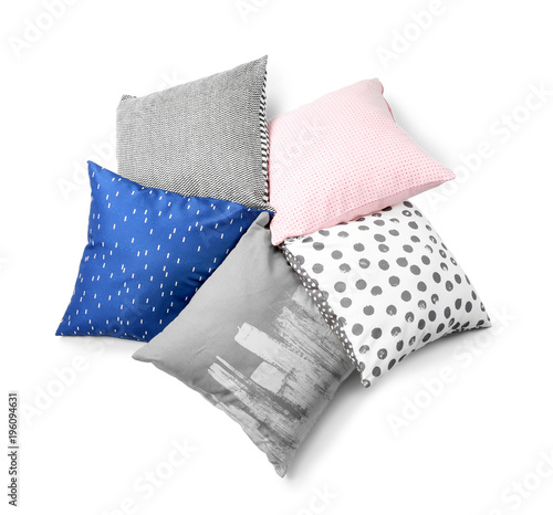 Soft decorative pillows on white background