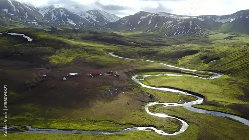 Over Camp in Iceland River Valley With Distant Mountains