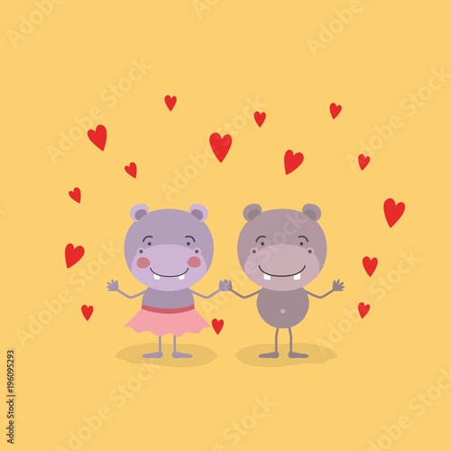 color background with couple of hippos holding hands in love vector illustration