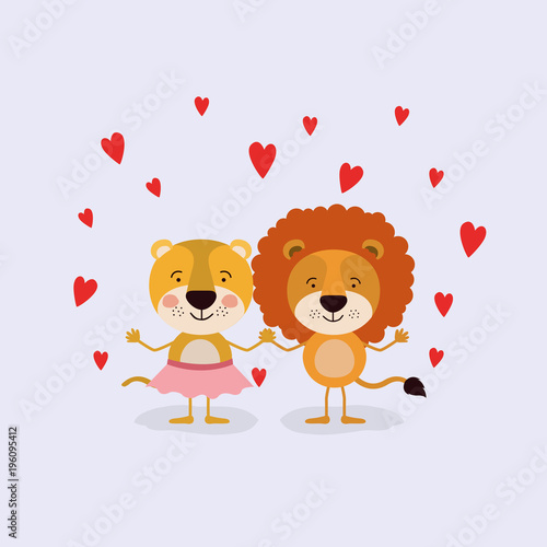 color background with couple of lioness and lion in love holding hands in love vector illustration