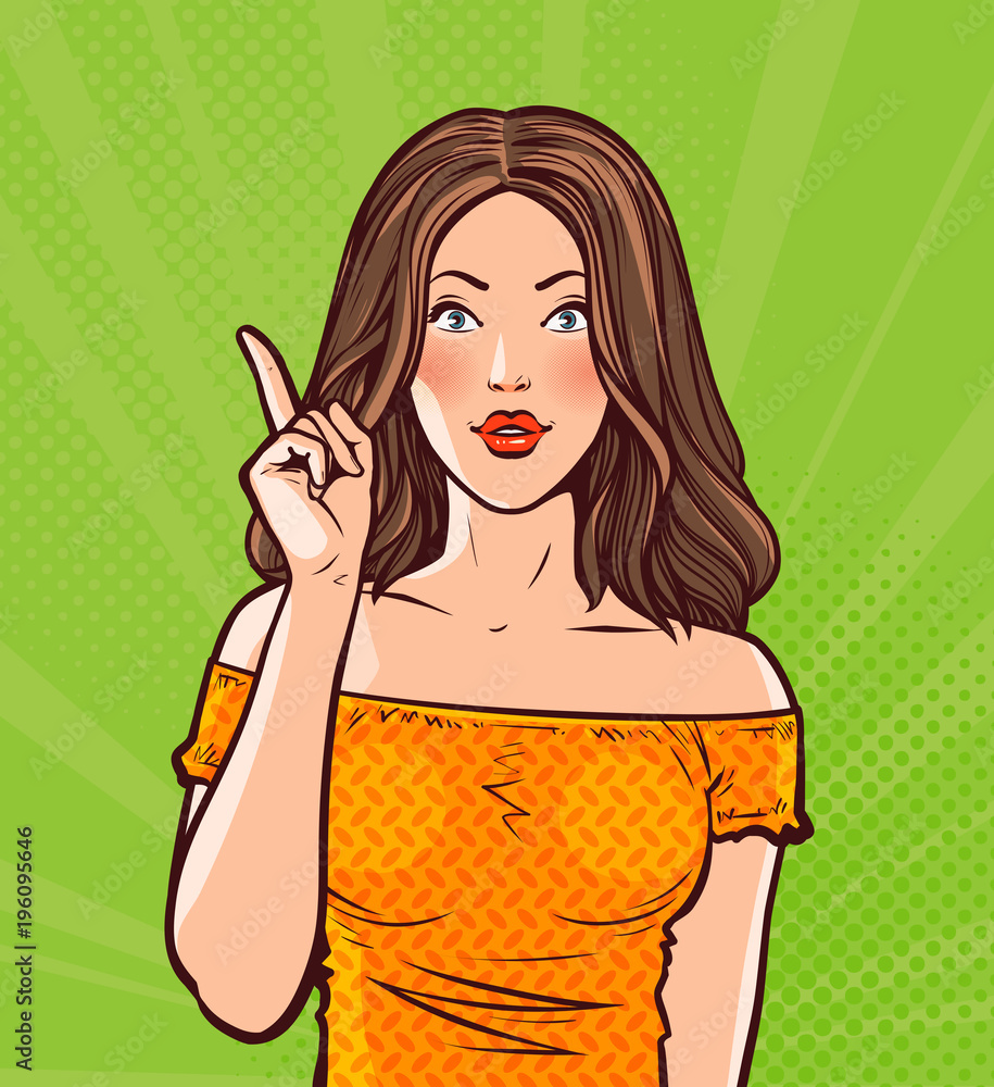 Beautiful girl or young woman with index finger. Pin-up concept. Pop art retro comic style. Cartoon vector illustration Beautiful girl or young woman with index finger. Pin-up concept. Pop art retro comic style. Cartoon vector illustration