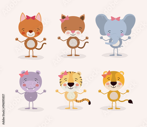 white background withset cute female animals love vector illustration