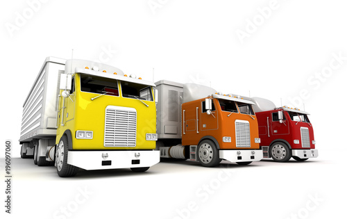 Logistics concept. Group of american freightliner cargo trucks isolated on white background. Front view. 3D illustration