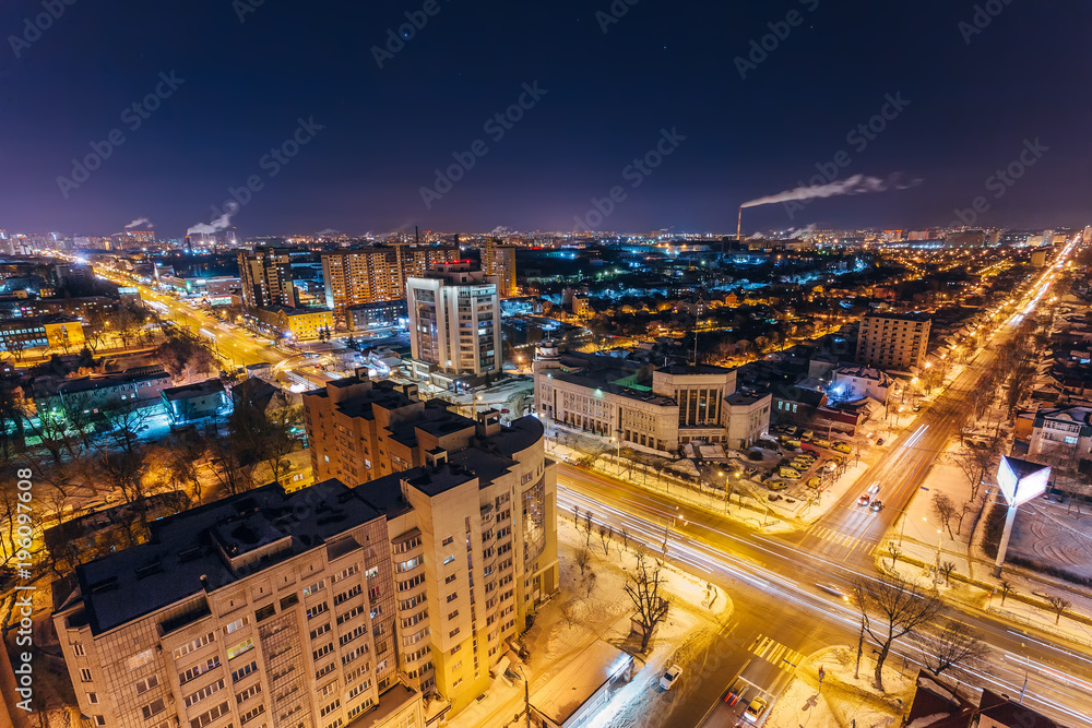 Obraz premium Night Voronezh aerial cityscape from rooftop. Residential area