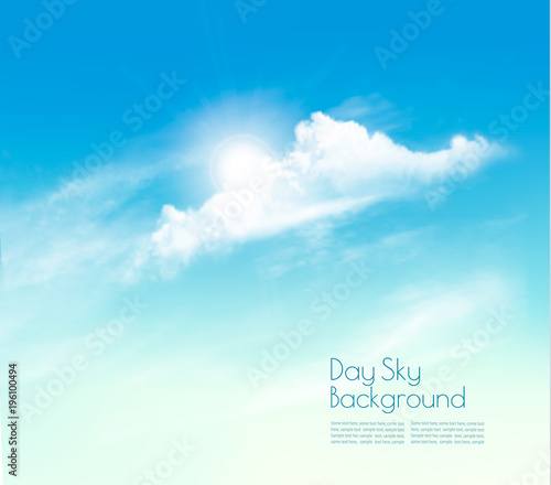 Day sky background with clouds and sun. Vector