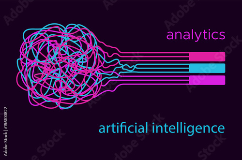 Big data vector illustration. Machine learning algorithm for information filter and anaytic in flat doodle style