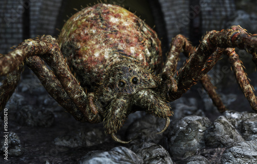 Closeup of a giant spider closing in on its prey. 3d rendering