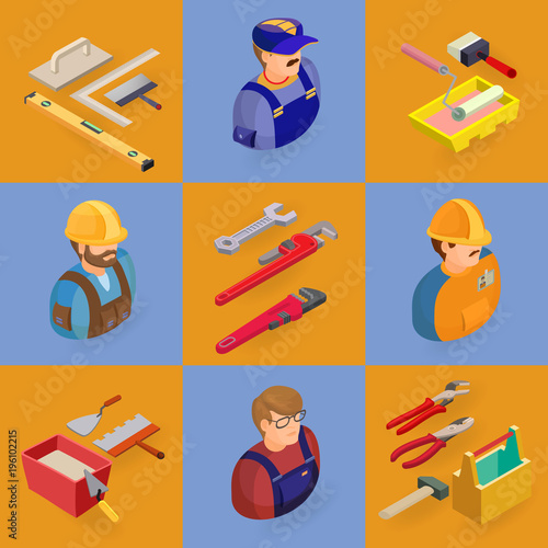 Isometric interior repairs icons set.  Workers, tools.