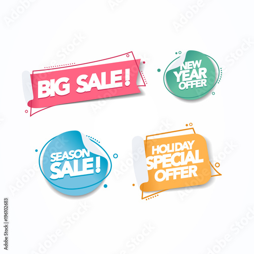 Vector illustration flat linear promotion ribbon banner, price tag, sticker, badge, poster.