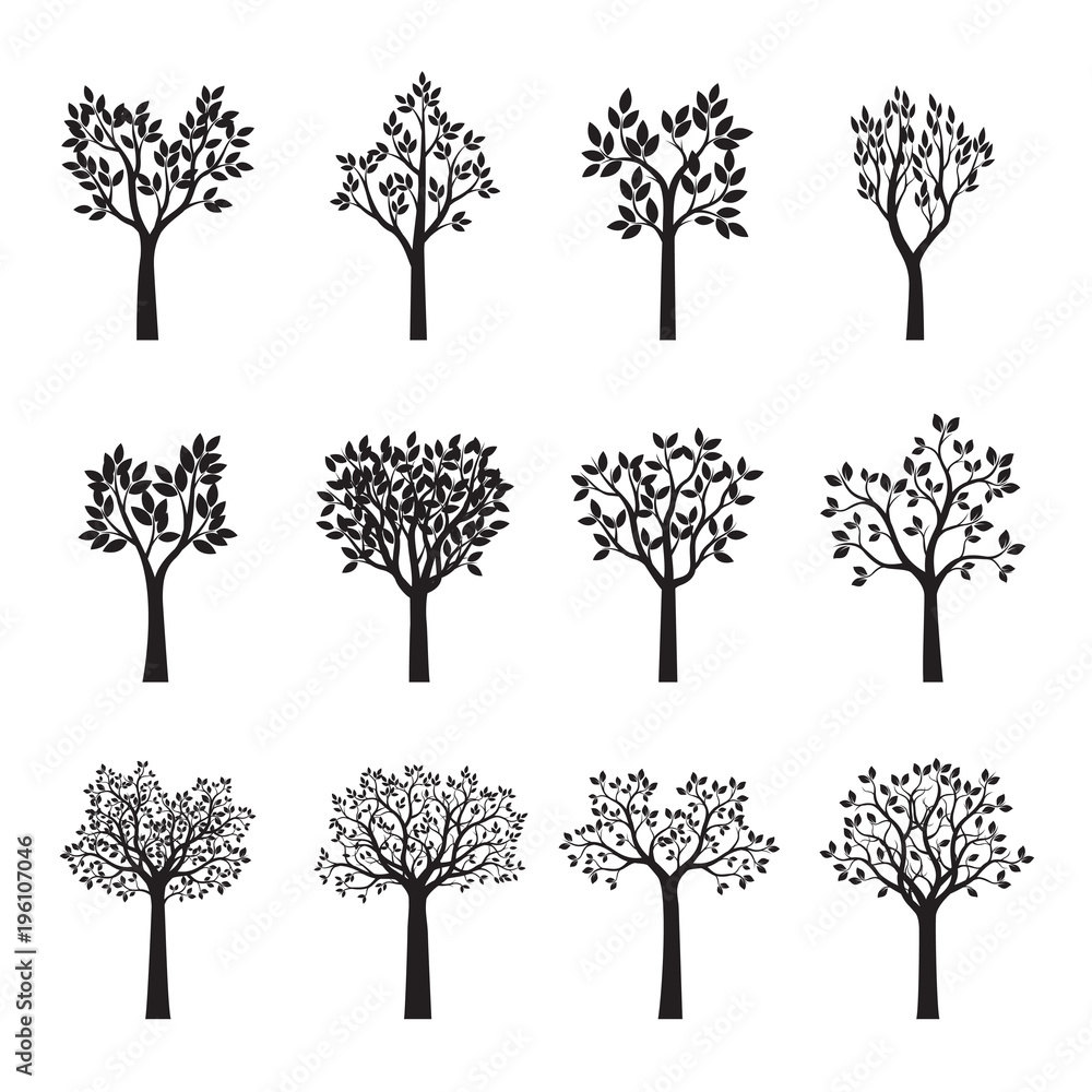 Obraz premium Set Black Trees with Leaves. Vector Illustration.