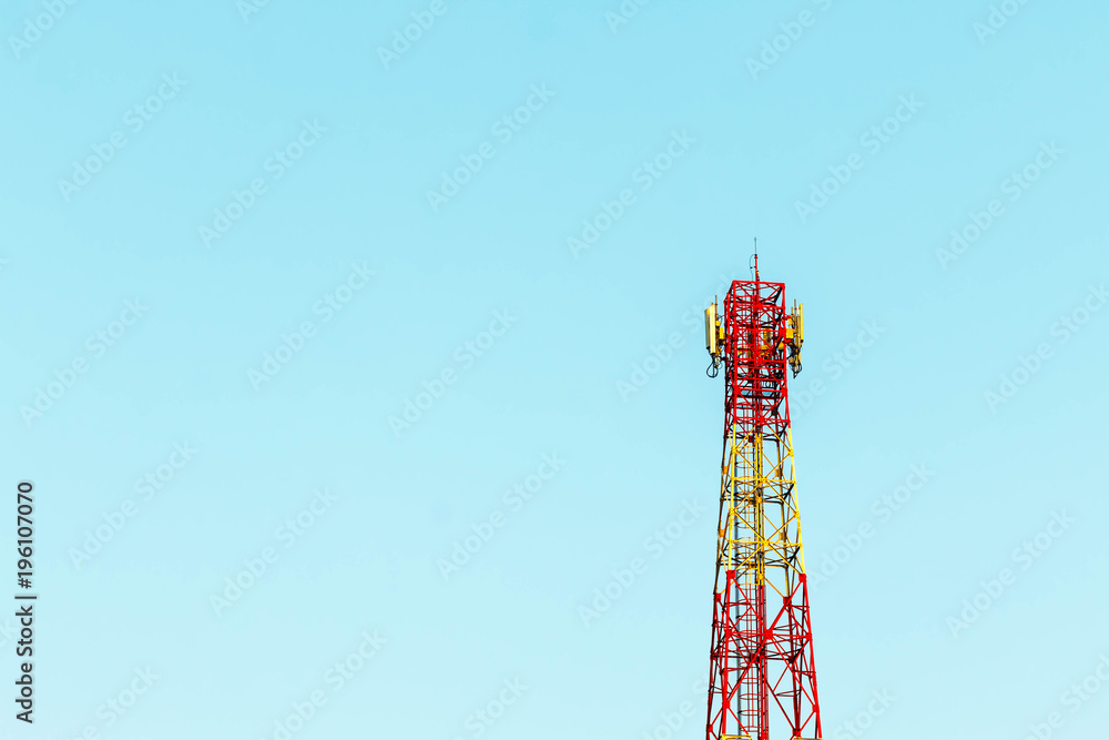 upward of Communication Radio antenna Tower , microwave antenna tower on blue sky background upward of Communication Radio antenna Tower , microwave antenna tower on blue sky background