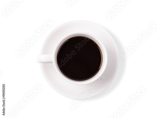 Cup of coffee isolated on white background. top view