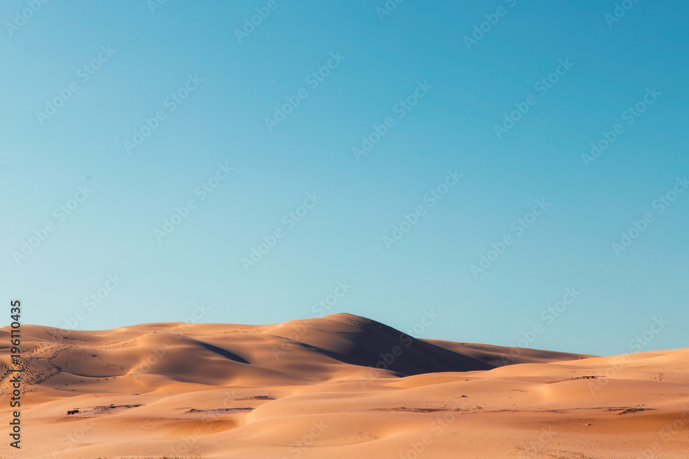 A vast desert view with clear blue sky during the day.