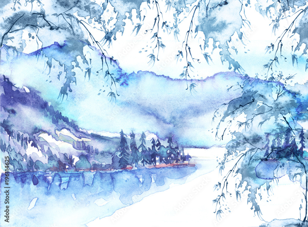Watercolor mountain landscape, blue, purple mountains, tree, peak, forest silhouette, reflection in the river, lake, clouds, fog. Watercolor painting, illustration, landscape 