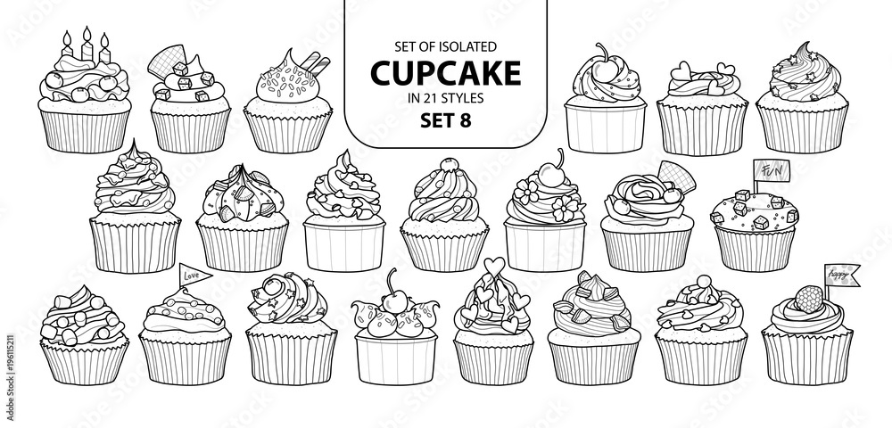 Set of isolated cupcake in 21 styles set 8. Set of isolated cupcake in 21 styles set 8.