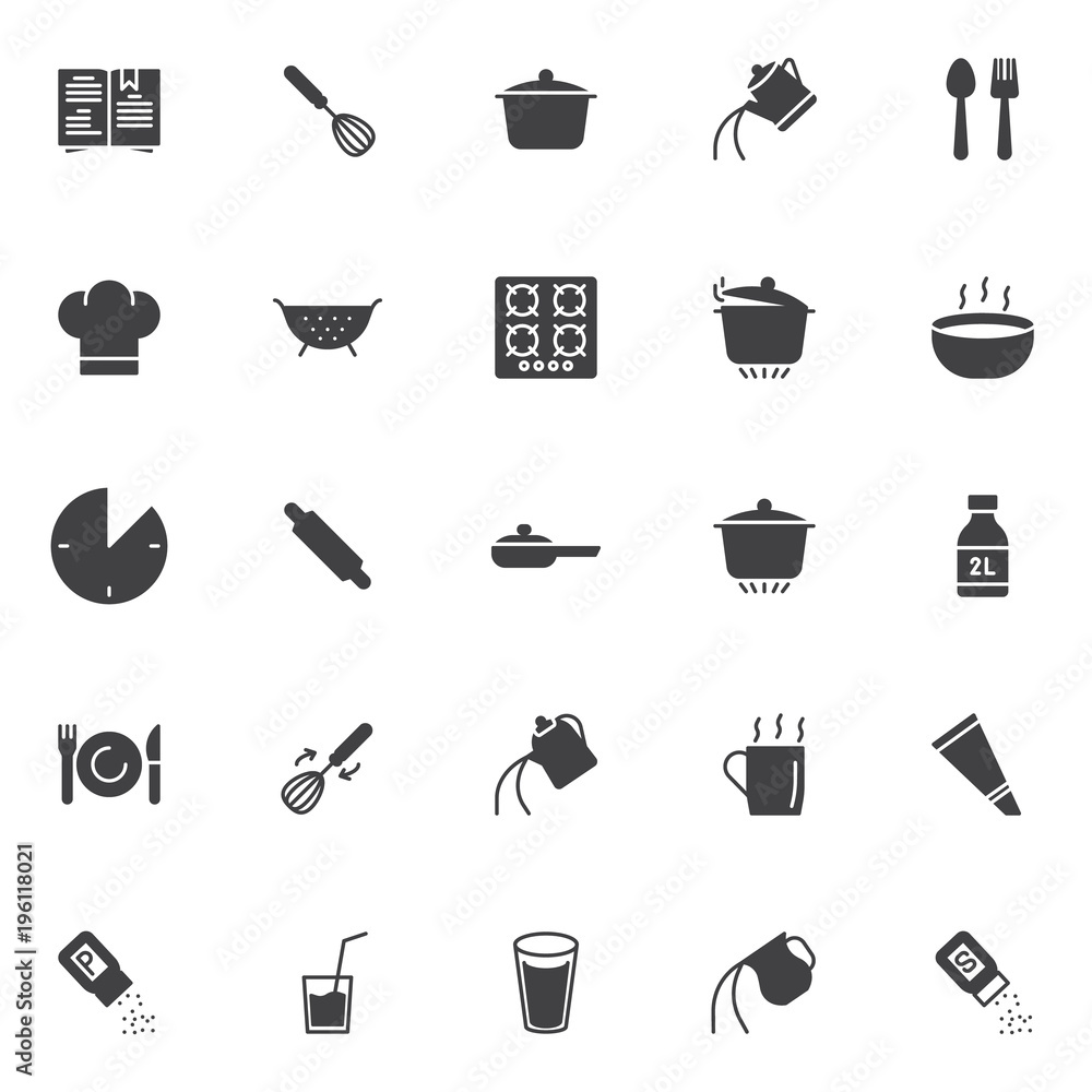 Cooking instructions vector icons set, modern solid symbol collection
