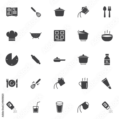 Cooking instructions vector icons set, modern solid symbol collection, filled style pictogram pack. Signs, logo illustration. Set includes icons as cookbook, egg beater mixer, cooking pan, spoon fork