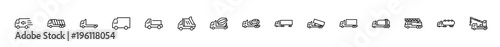 Truck Set of Transport Vector Line Icons. Contains such Icons as Truck, Transportation, Tow Truck, Cranes, Mixer, Garbage Truck, Manipulators, Delivery service and more. Editable Stroke. 32x32 Pixel