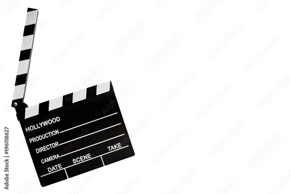 Film industry and directing a movie concept with a clapboard isolated on white with copy space and a clipping path cutout, in cinematography a clapper is used to synchronize the image with the sound