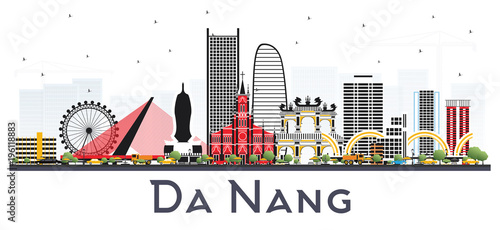 Da Nang Vietnam City Skyline with Color Buildings Isolated on White.