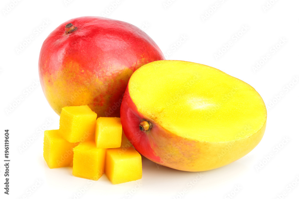 Mango fruit and half isolated on white background close-up Mango fruit and half isolated on white background close-up