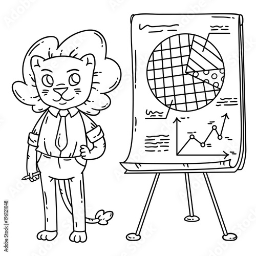 Lion teacher with a board on a tripod.