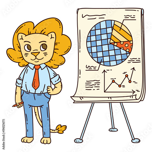 Lion teacher with a board on a tripod.