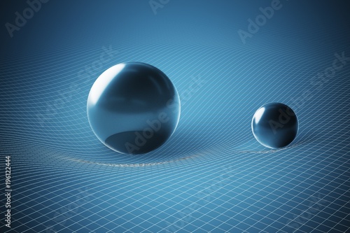 Gravity and general theory of relativity concept. Curved spacetime caused by massive spheres. 3D rendered illustration.