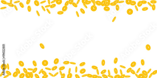 Chinese yuan coins falling. Scattered small CNY coins on white background. Captivating scattered border vector illustration. Jackpot or success concept.
