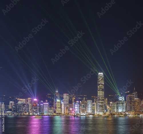 Laser show in Victoria Harbor in Hong Kong city