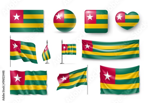 Set Togo flags, banners, symbols, flat icon. Vector illustration of collection of african national symbols on various objects and state signs